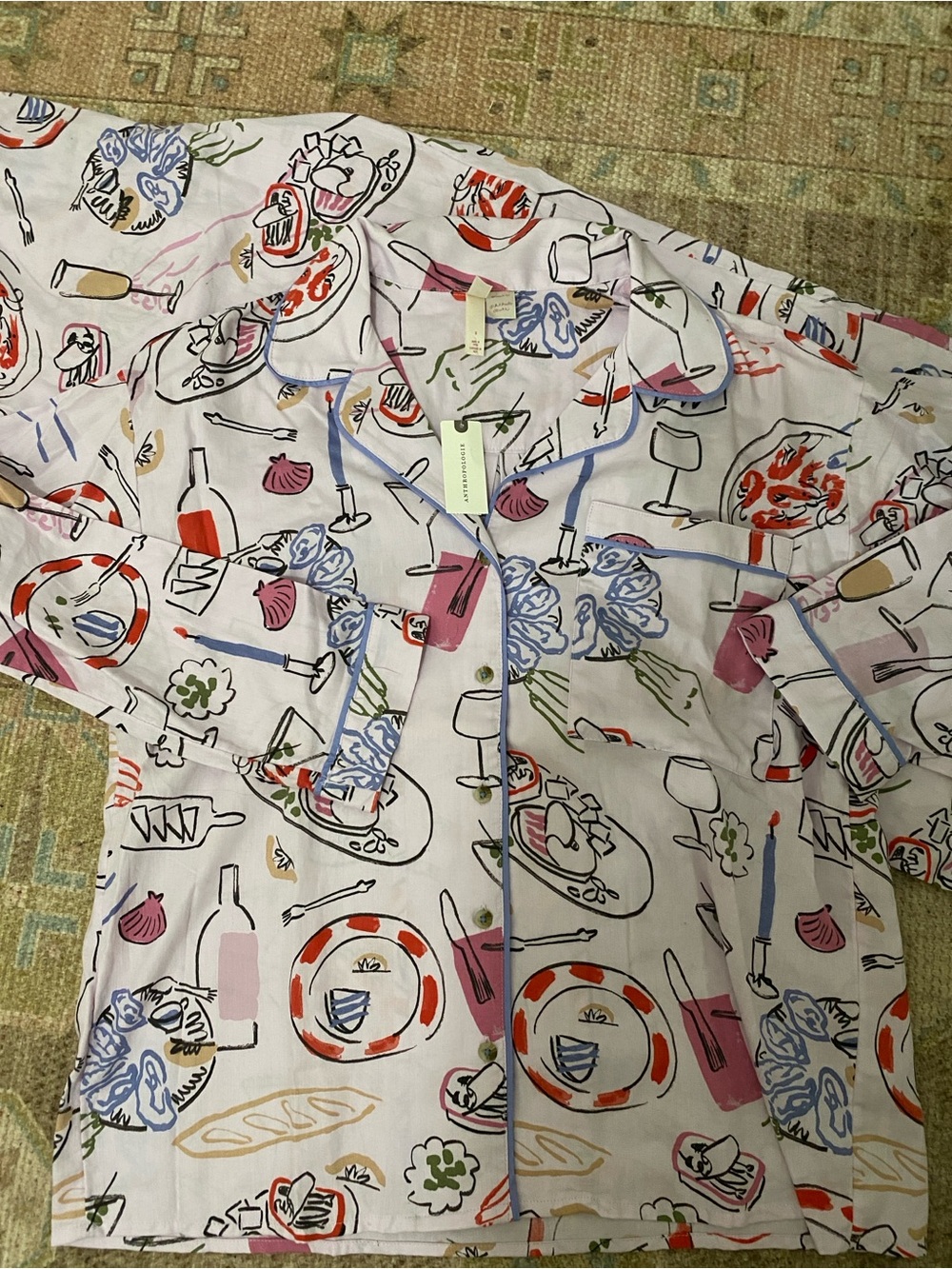 Anthropologie Printed Pajama Set Lavender with Multi-Color cocktail snack print! - Picture 3 of 5